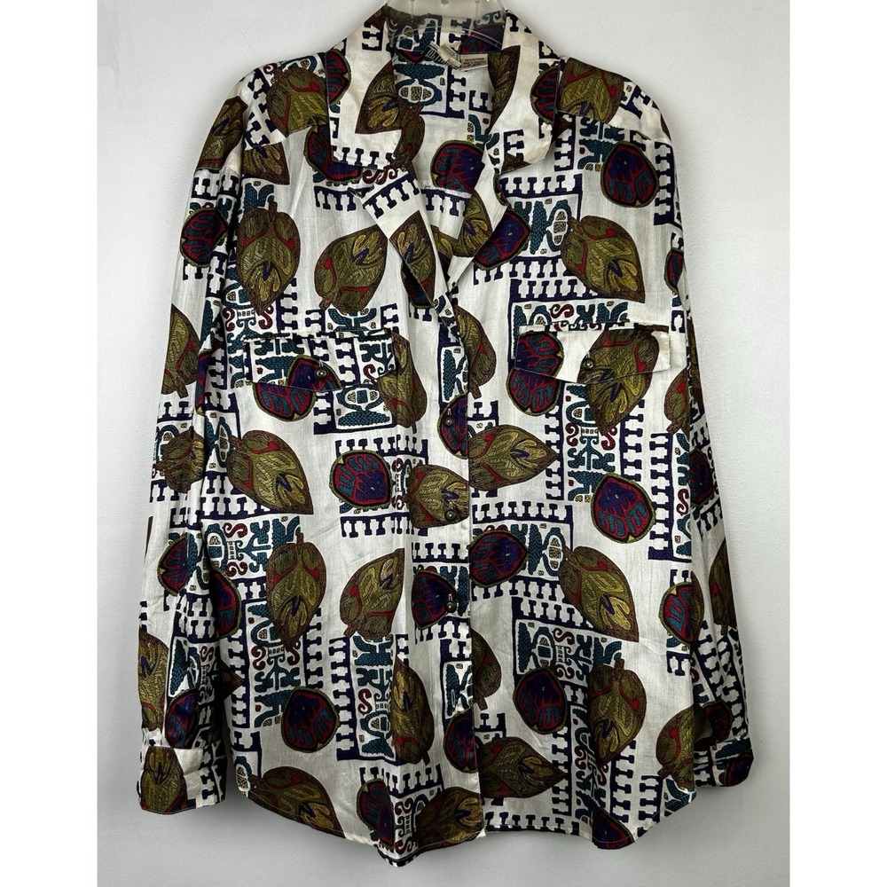 Vtg Leslie Fay Top Womens 16 Cream Jewel Tones Classic Button Down Blouse Print